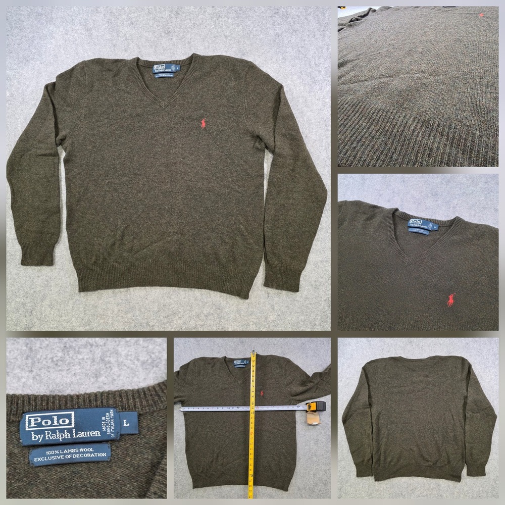 Polo By Ralph Lauren Sweater Mens Large Green Lambswool V Neck Knit Pullover
